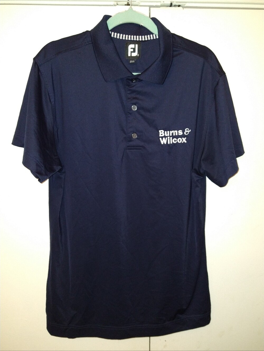 Footjoy FJ Blue Short Sleeve Golf Polo Shirt Men's sz Medium Burns & Wilcox Logo